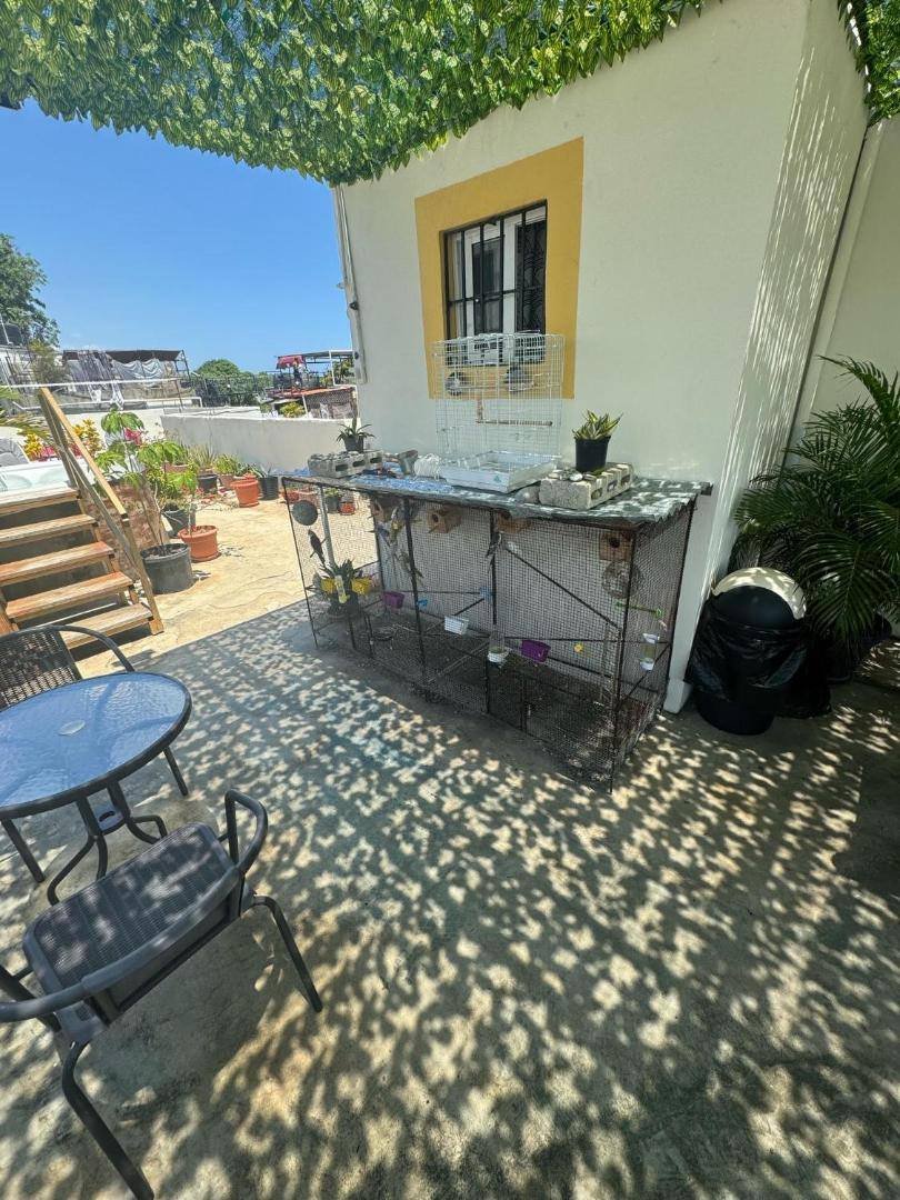 Terrace with a table and chairs under a green canopy